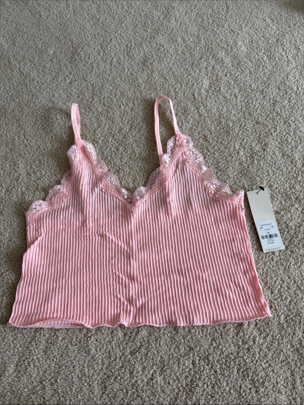 Pink Ribbed Lace Trim Cami Tank